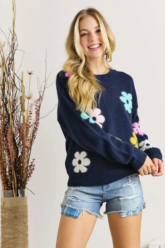 ADORA Full Size Flower Popped Sweater Plus Size (LAST ONE)