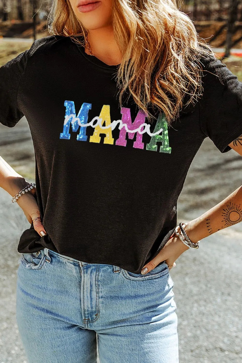 Sequin MAMA Round Neck Short Sleeve T-Shirt