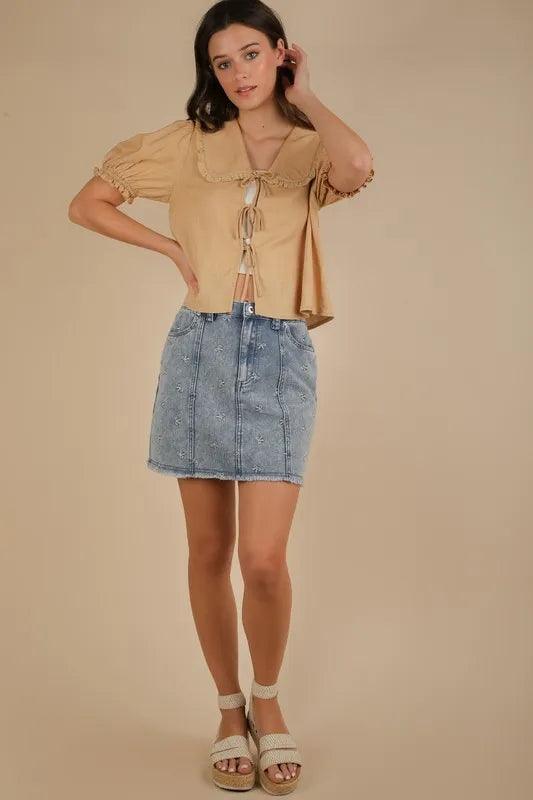 VERY J Bow Printed Casual Denim Mini Skirt
