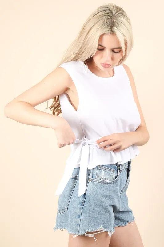 VERY J Side Tie Detail Ruffled Sleeveless Top
