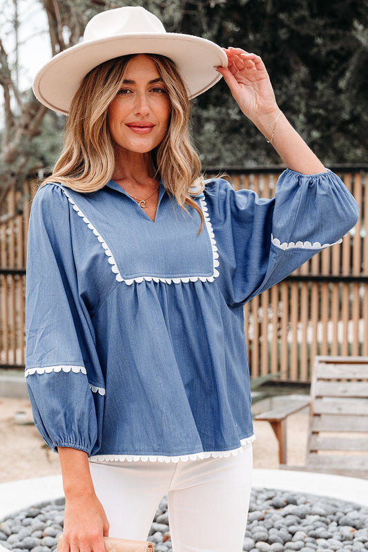 Nevaeh Lace Ric Rac 3/4 Puff Sleeve Collared Babydoll Blouse