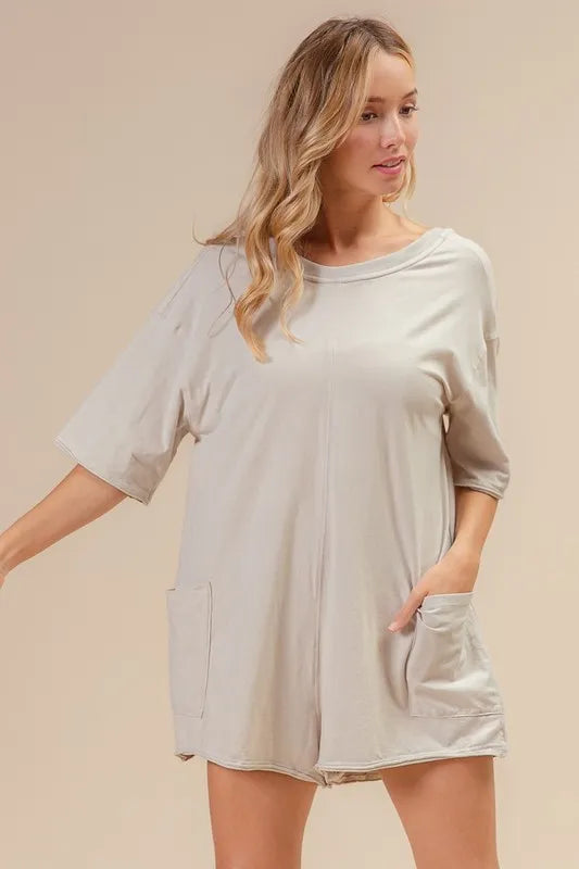 BiBi Short Sleeve Back Open Washed Romper