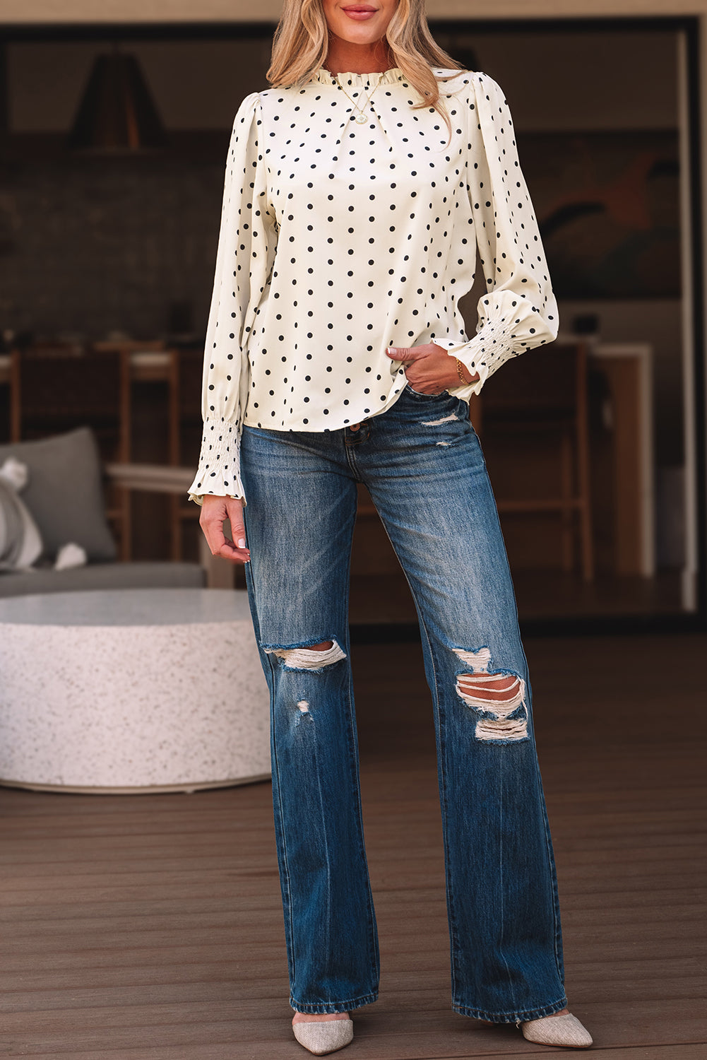 Catalina Polka Dot Lantern Sleeve Blouse