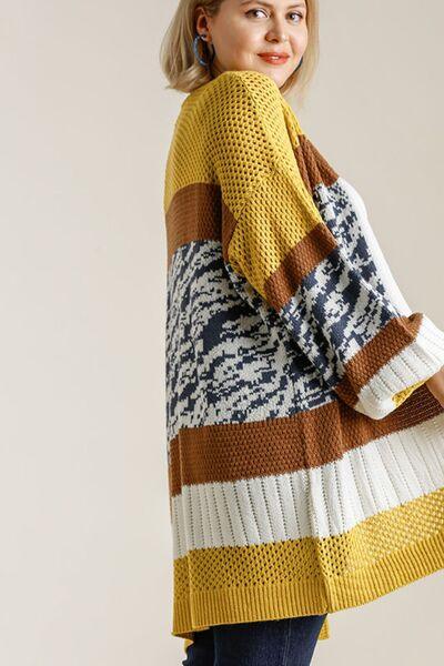 Umgee Full Size Color Block Open Front Longline Cardigan