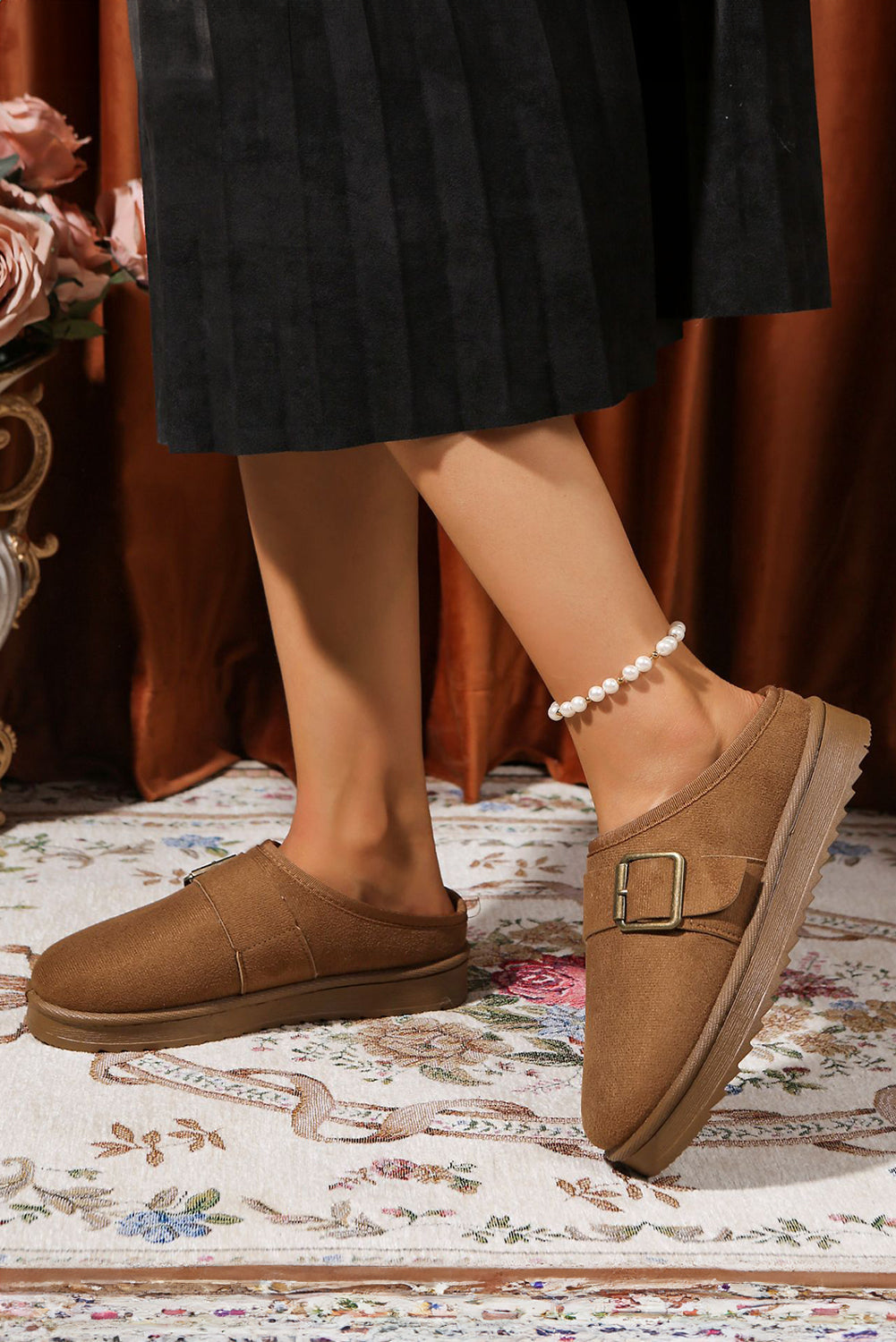 Jasmine Faux Suede Buckle Strap Detail Winter Slippers