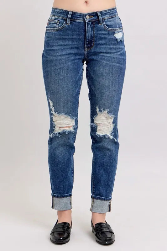 Judy Blue Full Size Midi Rise Boyfriend destroy Jeans with Yoke Pockets and Faux Selvedge Cuff Plus Size