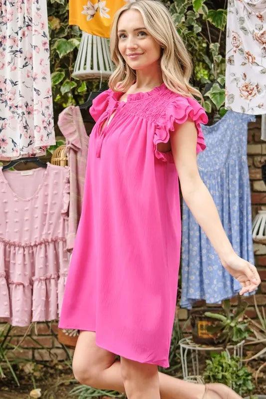 Ruffle Shoulder Smocked Detailed Dress