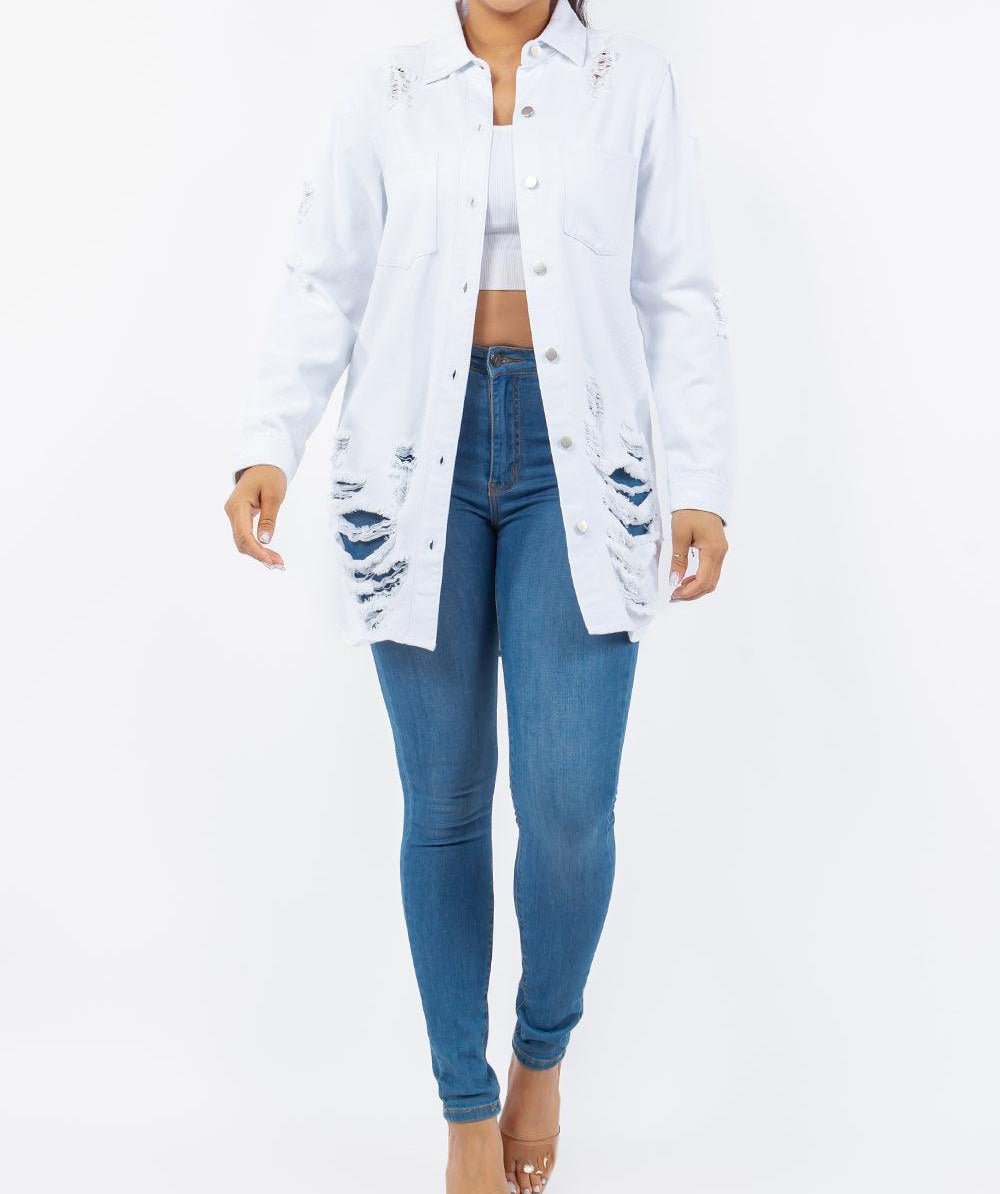 American Bazi Distressed Button Up Long Sleeve Denim Jacket