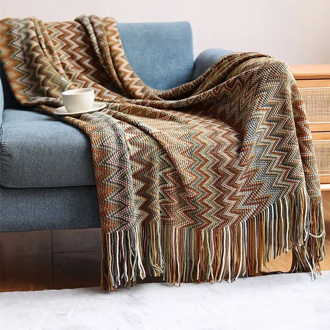 Zigzag Soft Boho Throw Blanket with Tassels