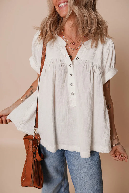 Textured Short Sleeve Buttons Frayed Blouse