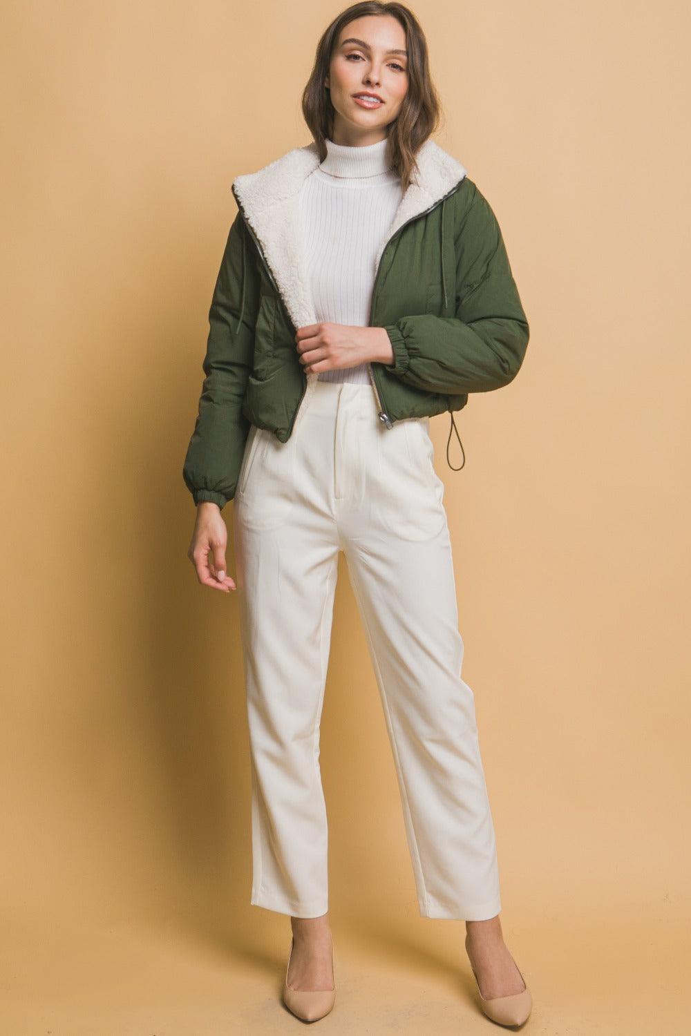Reversible Cropped Hooded Sherpa Jacket