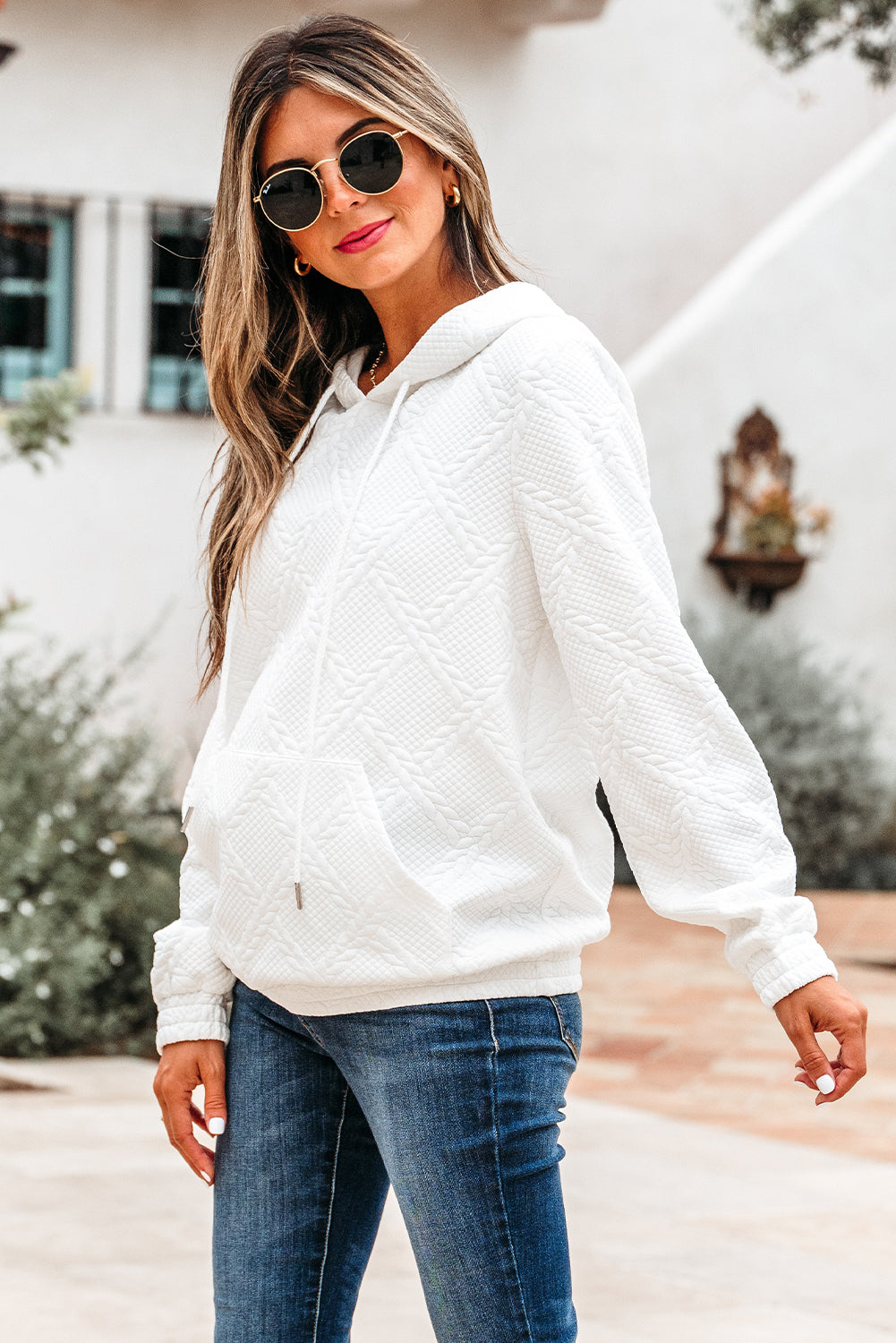 Magnolia Cable Lattice Texture Kangaroo Pocket Hoodie