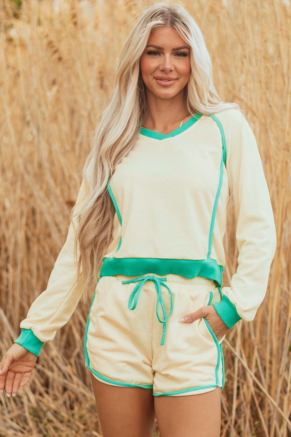 Wren Long Sleeve Pullover and Drawstring Shorts Outfit