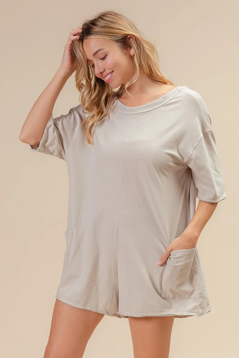 BiBi Short Sleeve Back Open Washed Romper