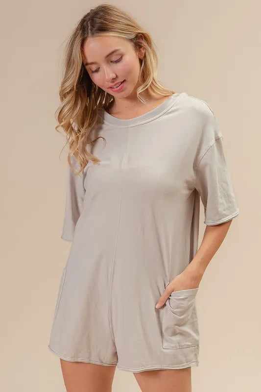 BiBi Short Sleeve Back Open Washed Romper
