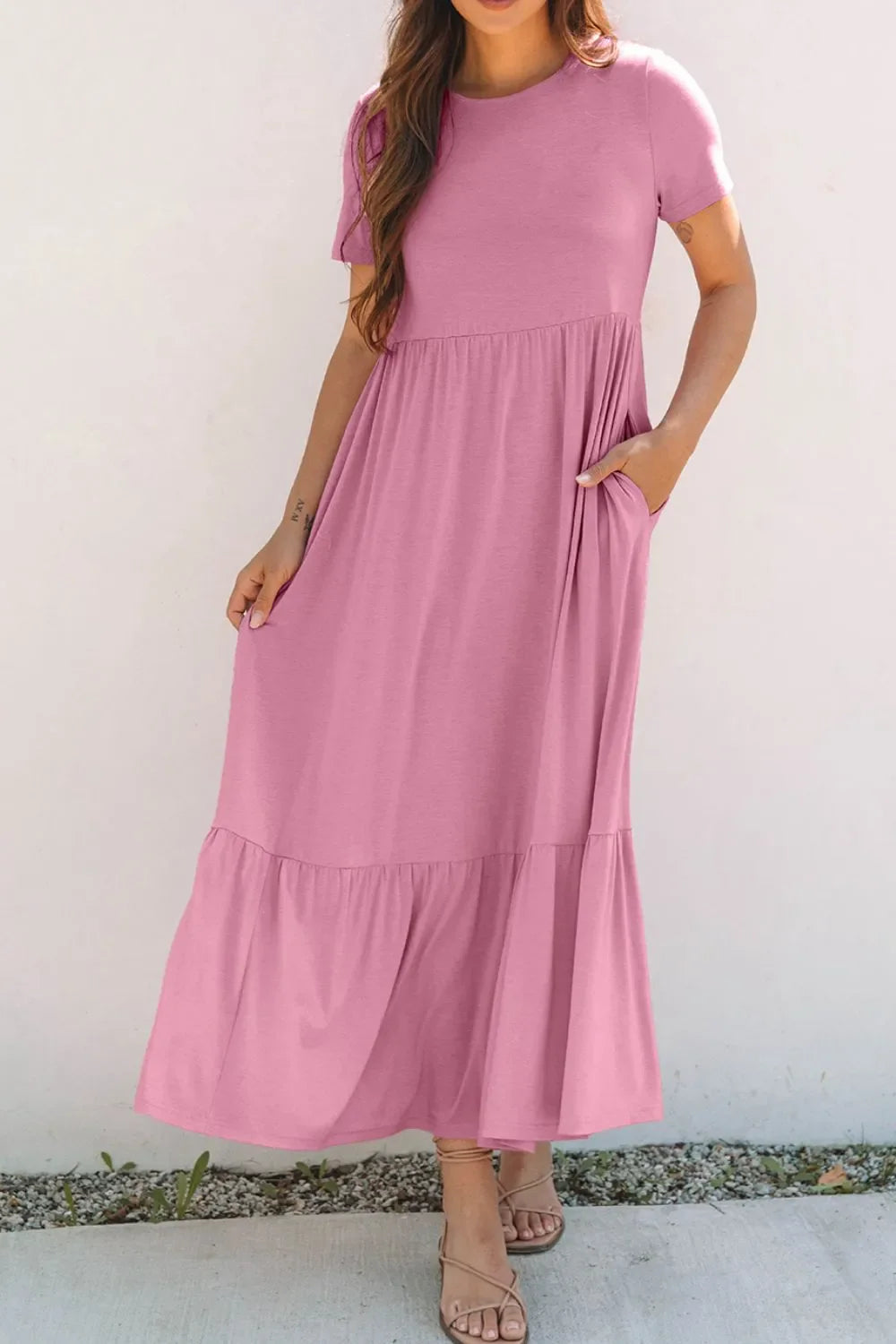 Solid Color High Waist Pocketed Tee Dress