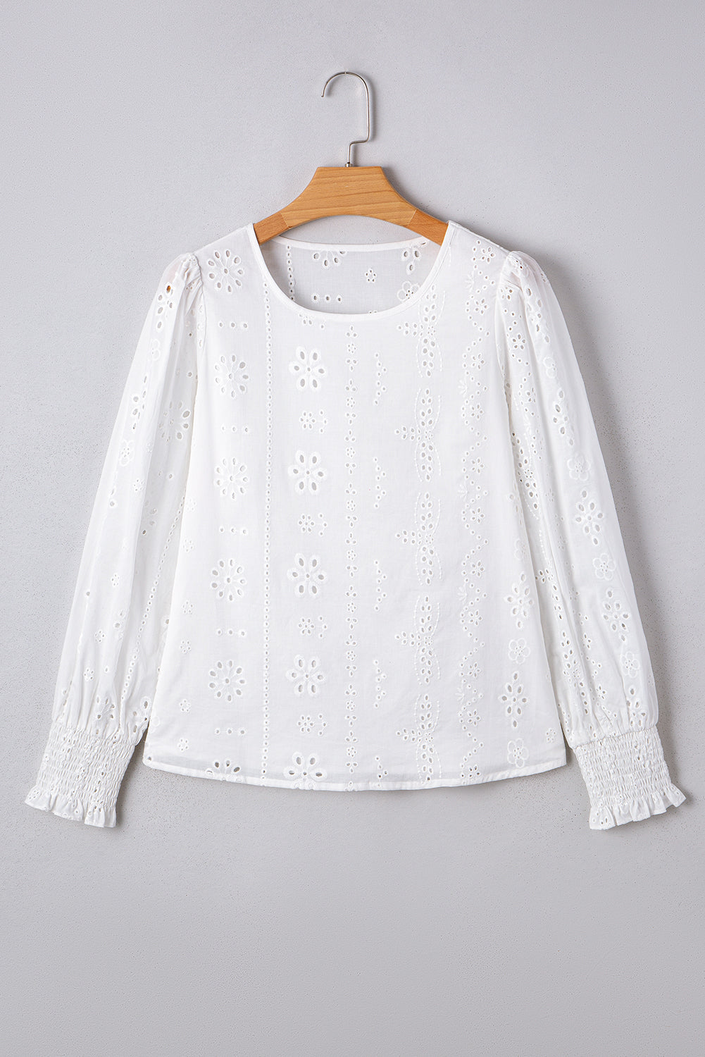 Allison Eyelet Embroidered Smocked Cuff Sheer Blouse