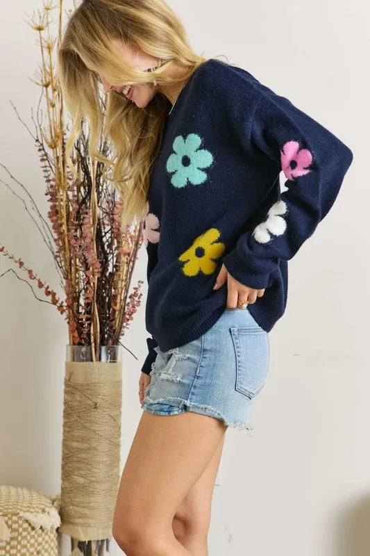 ADORA Full Size Flower Popped Sweater Plus Size (LAST ONE)