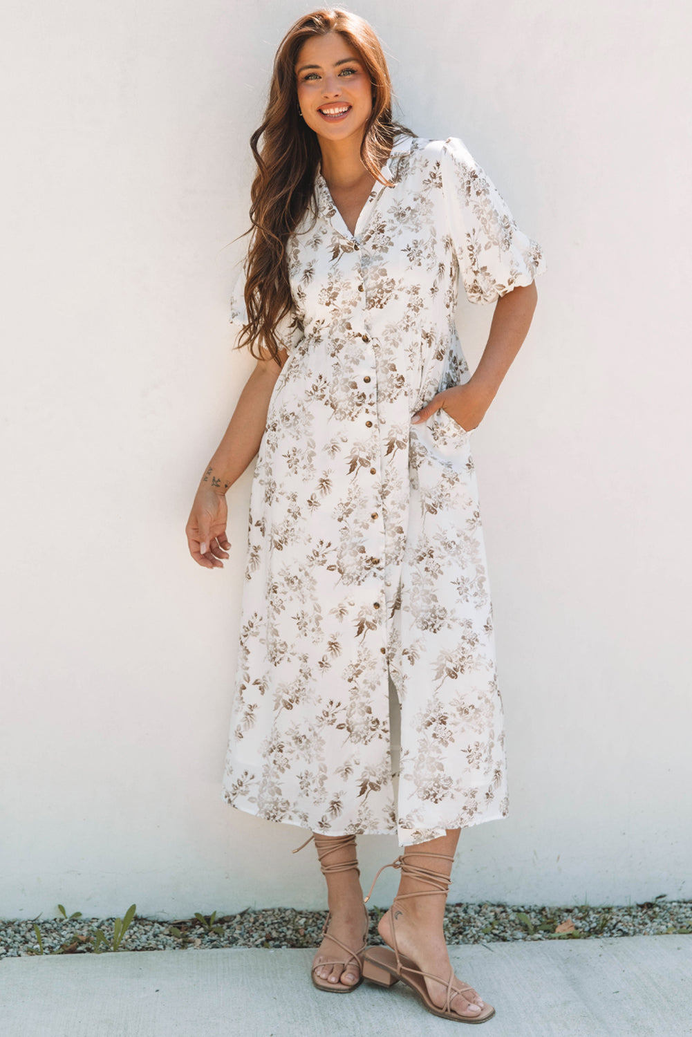Iliana Floral Puff Sleeve V Neck Buttoned Front Maxi Dress