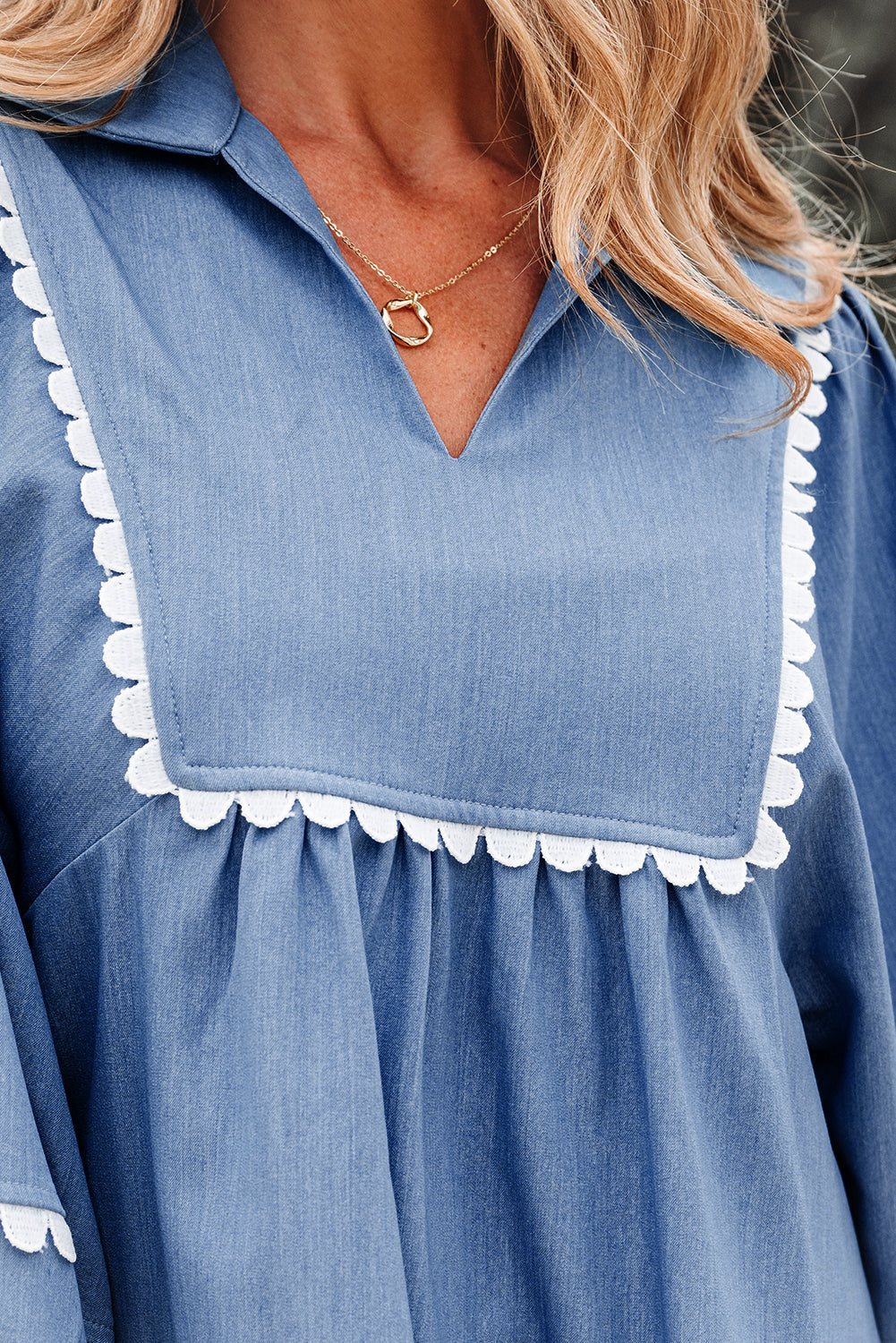 Nevaeh Lace Ric Rac 3/4 Puff Sleeve Collared Babydoll Blouse