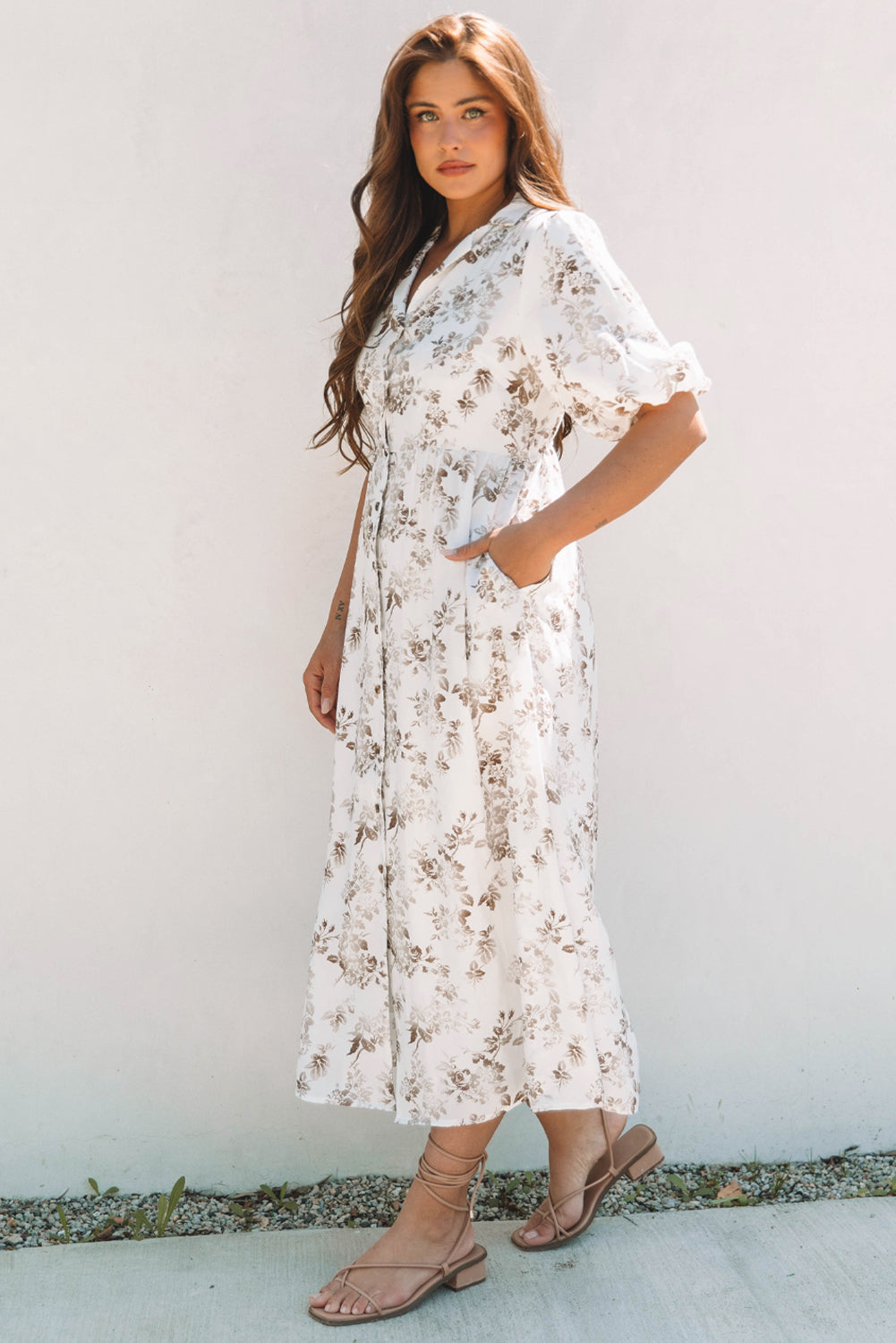 Iliana Floral Puff Sleeve V Neck Buttoned Front Maxi Dress