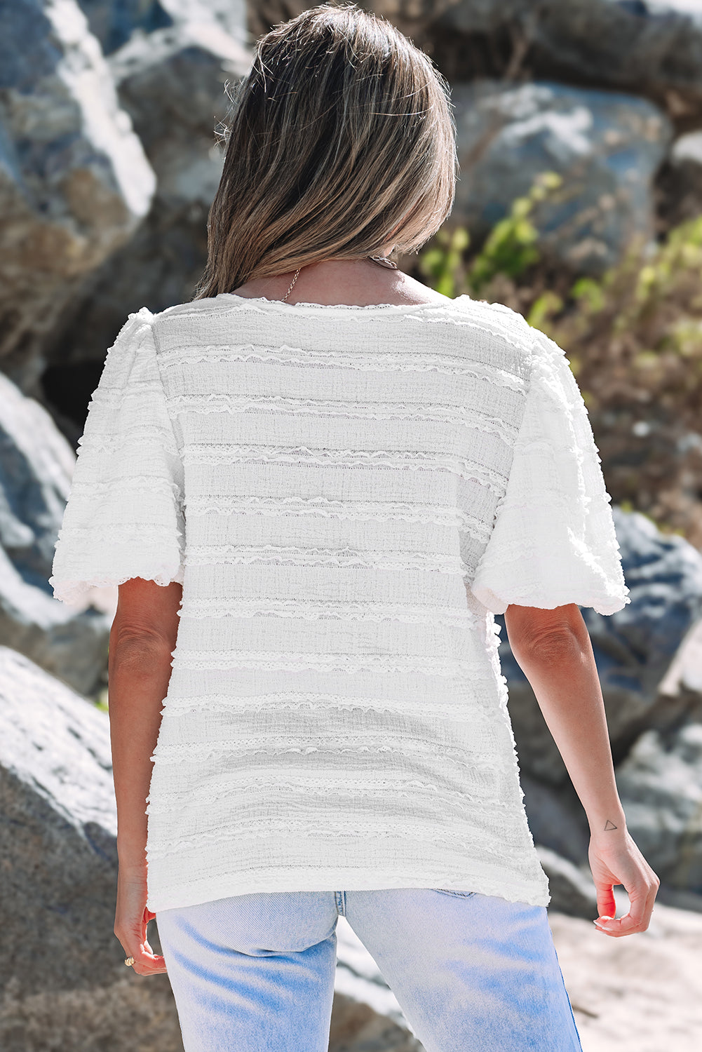 Luella Frilled Lace Trim Bubble Sleeve Blouse