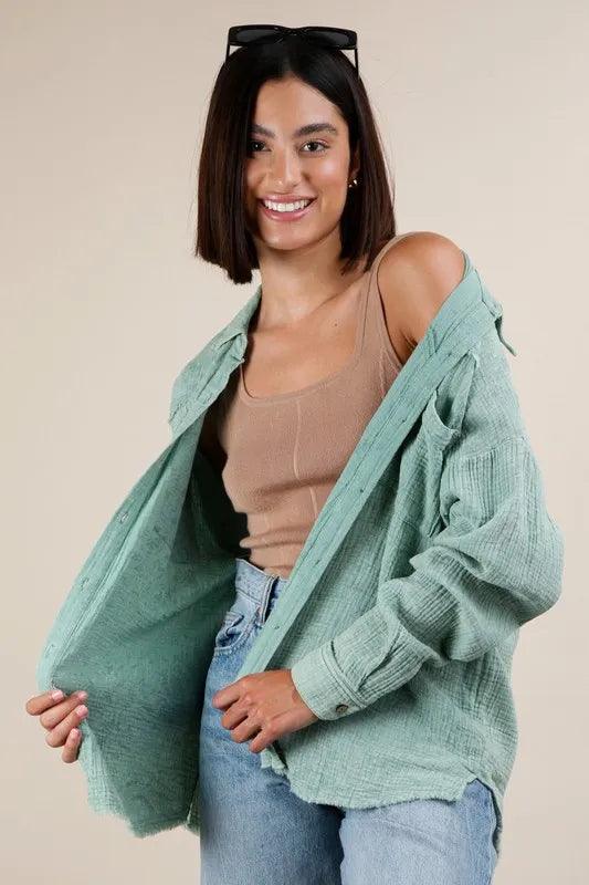 VERY J Mineral Washed Gauze Button Down Shirt