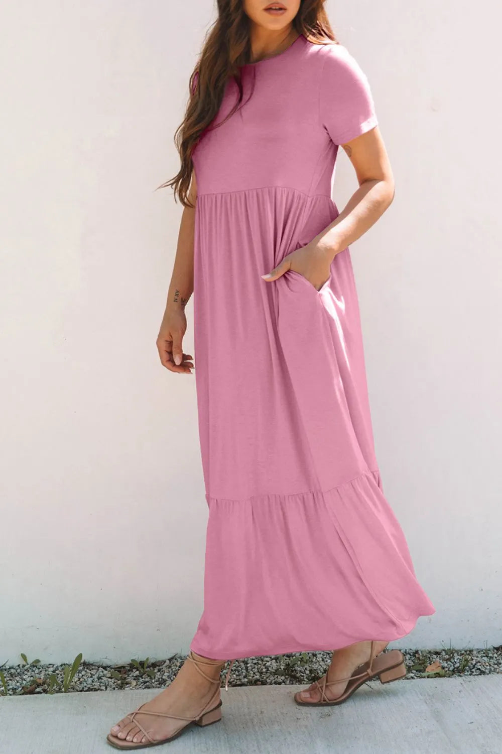 Solid Color High Waist Pocketed Tee Dress