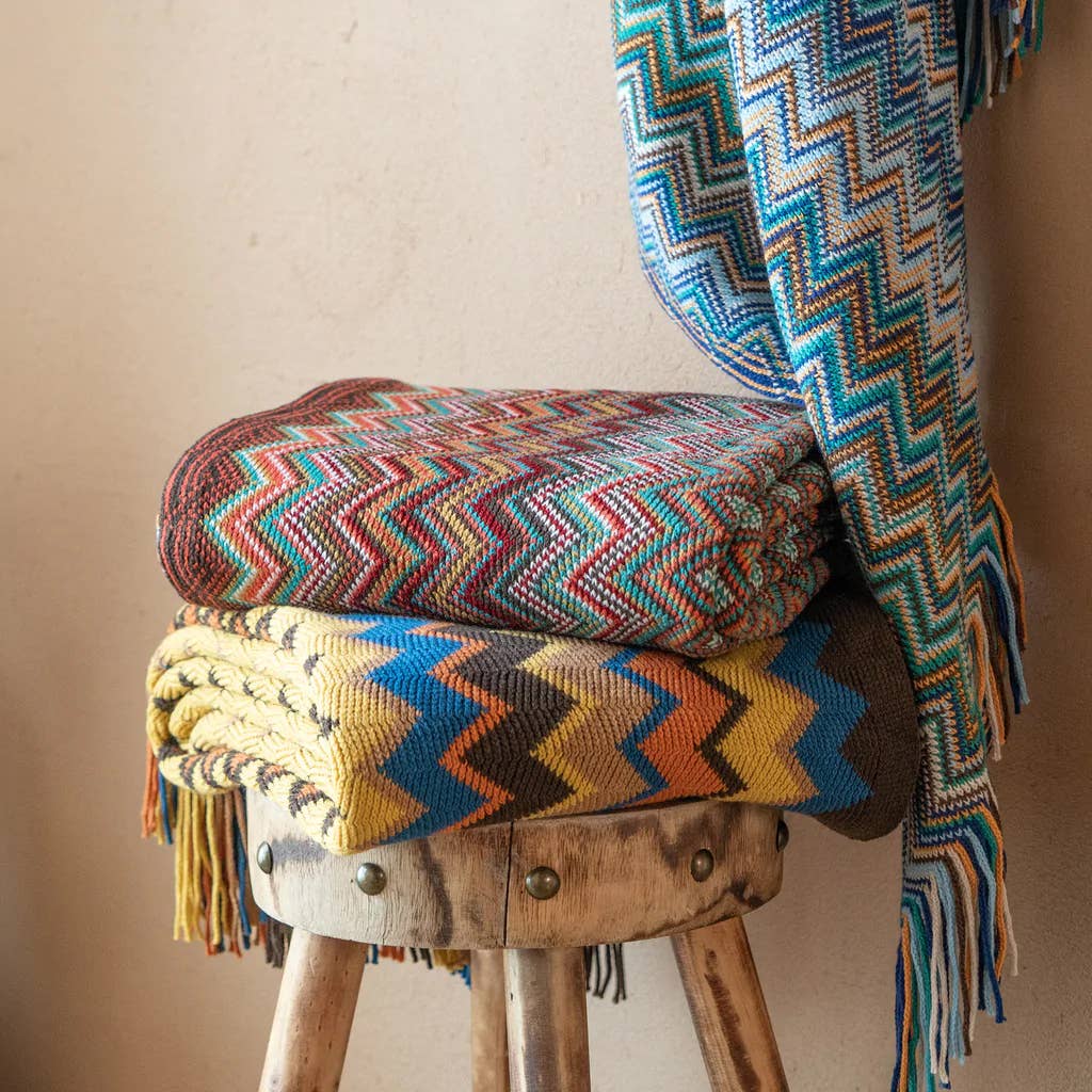Zigzag Soft Boho Throw Blanket with Tassels