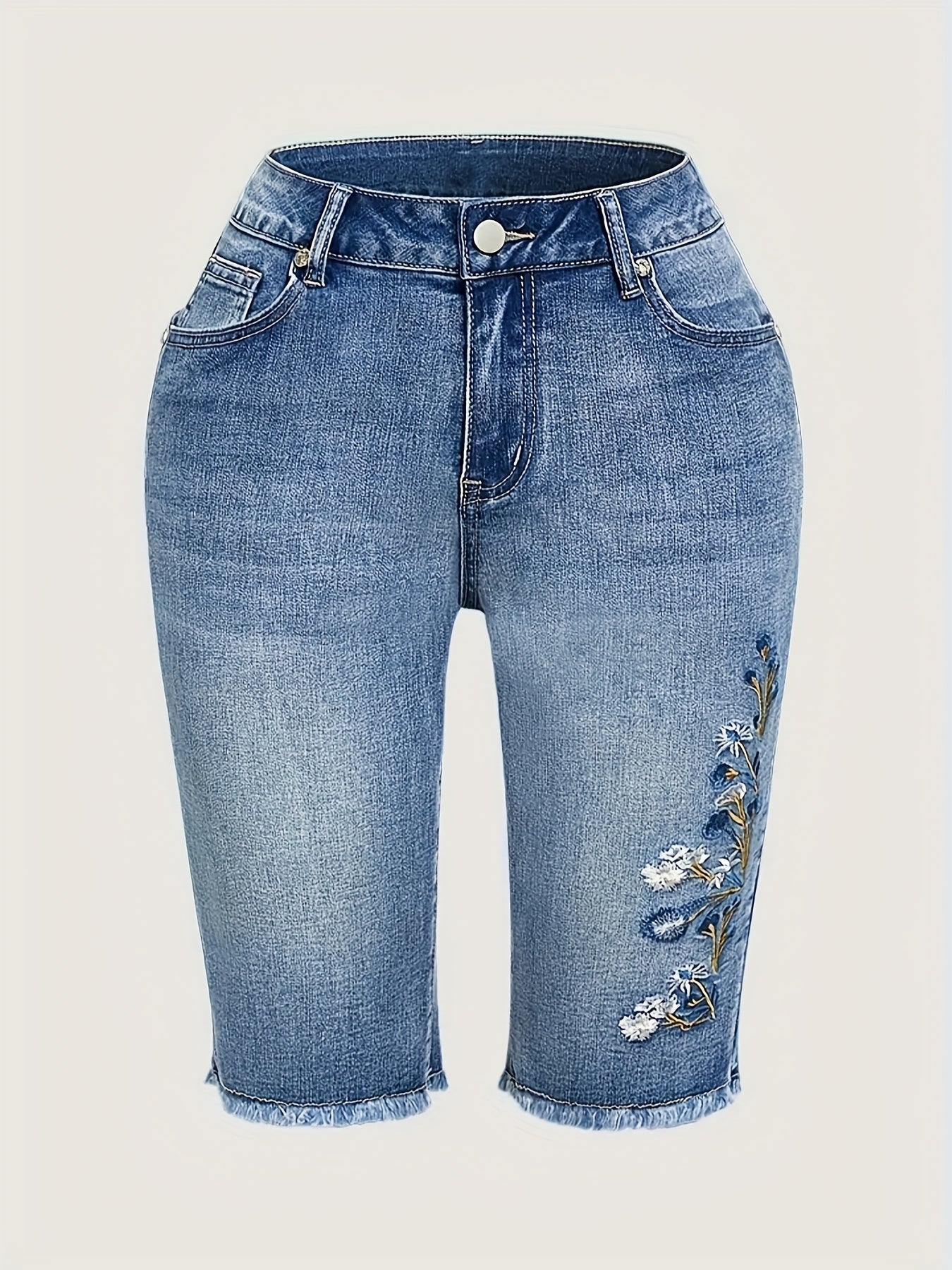 Elegant Stretch Slim Embroidered Mi length Jeans