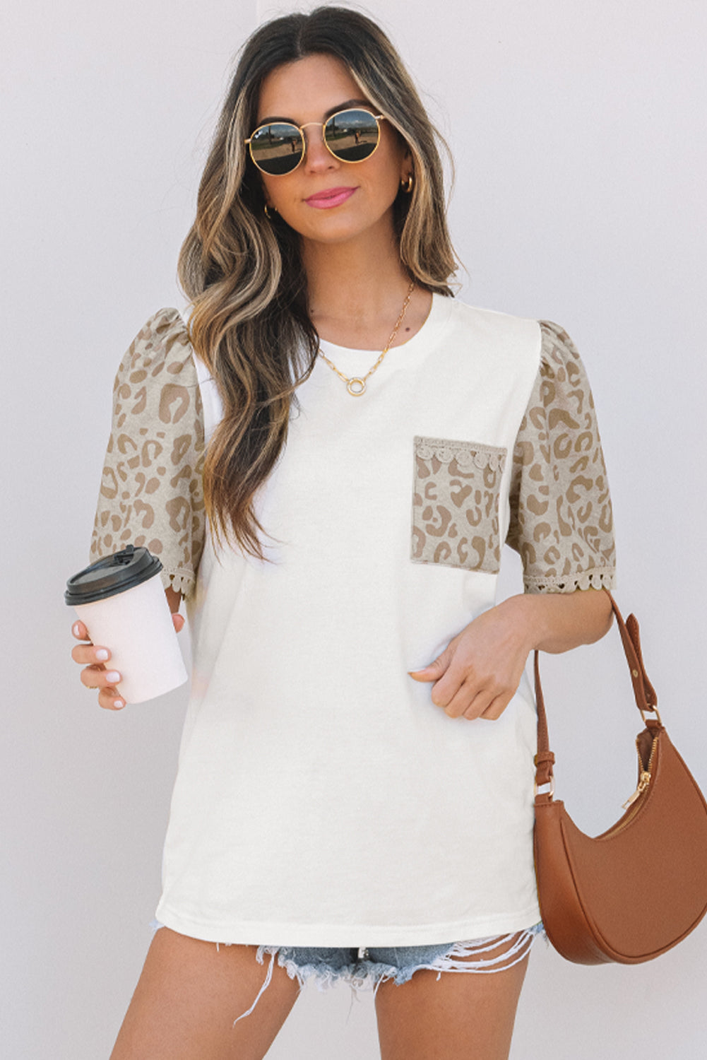 Leona Leopard Lace Trim Puff Sleeve Top