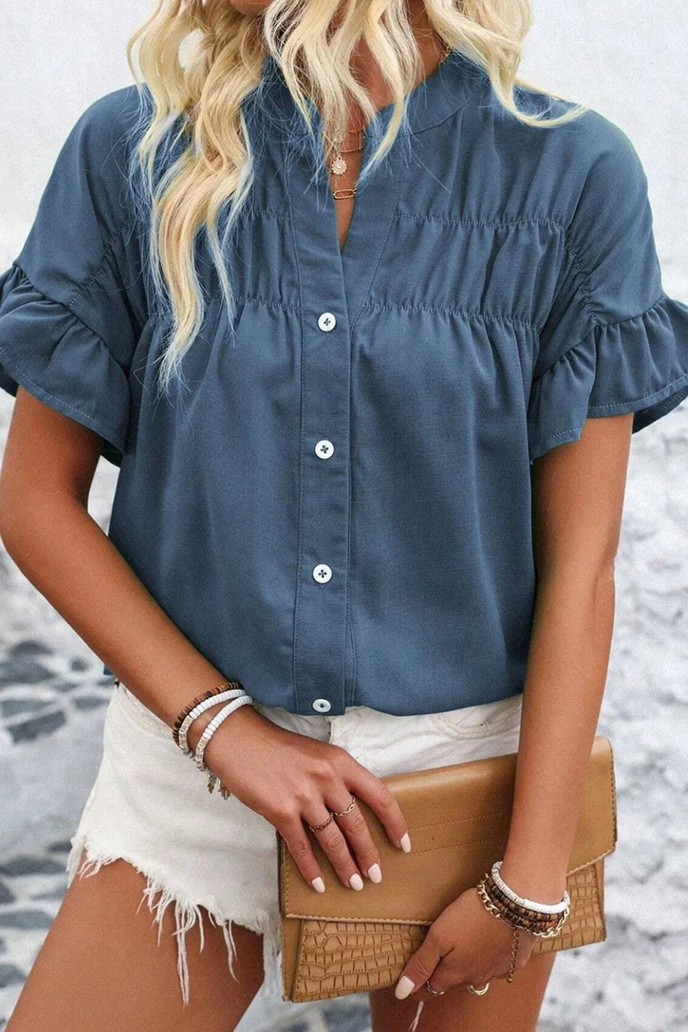 Ruffled Ruched Short Sleeve Button Down Shirt