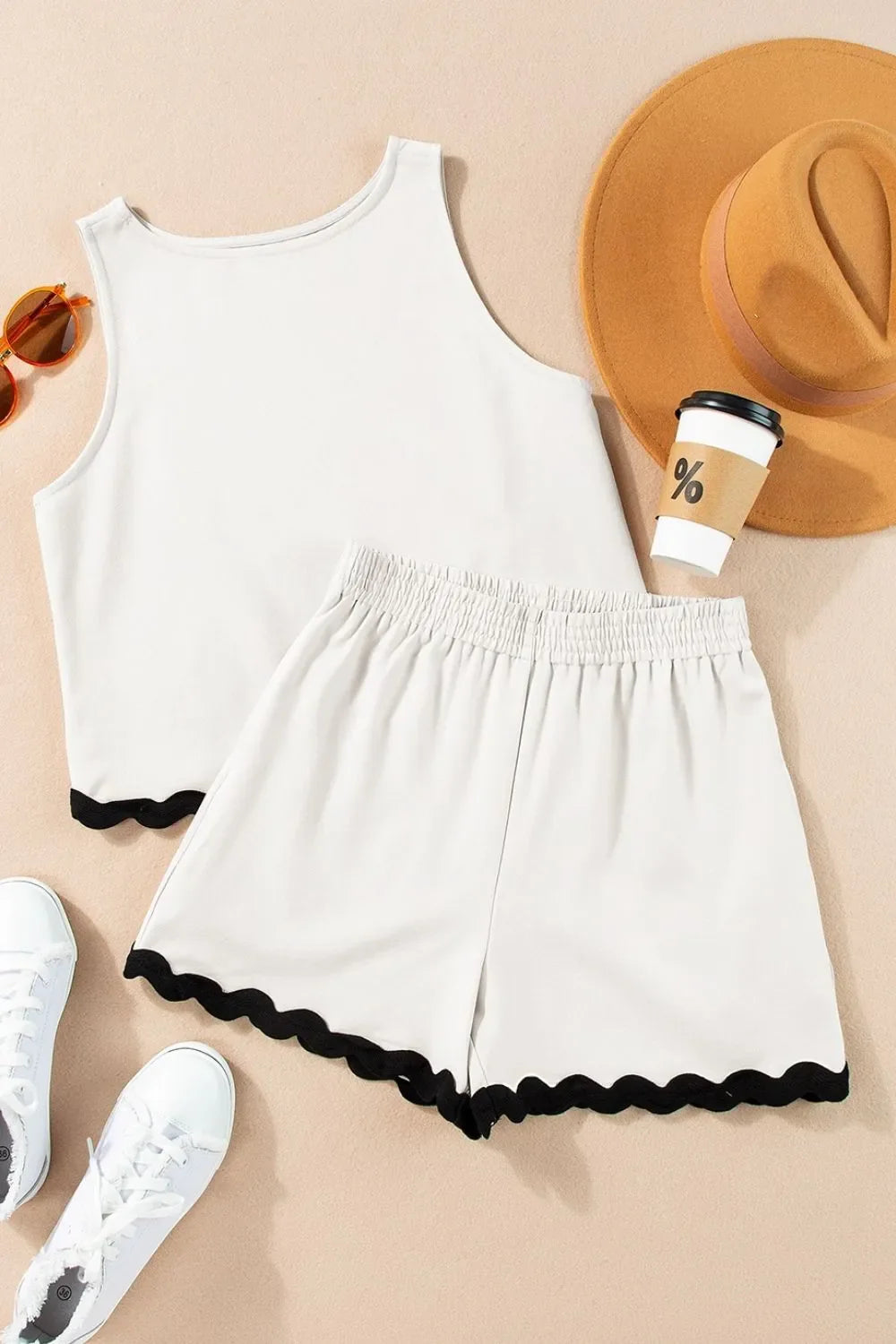 Ricrac Trim Tank Top and Elastic Waist Shorts Set