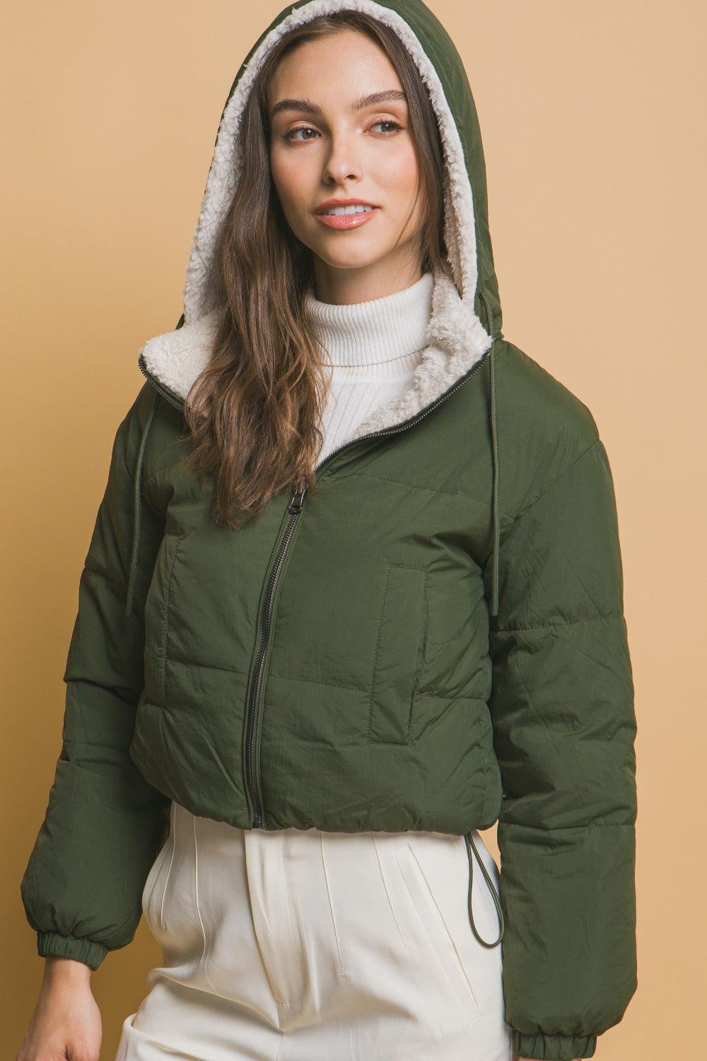 Reversible Cropped Hooded Sherpa Jacket