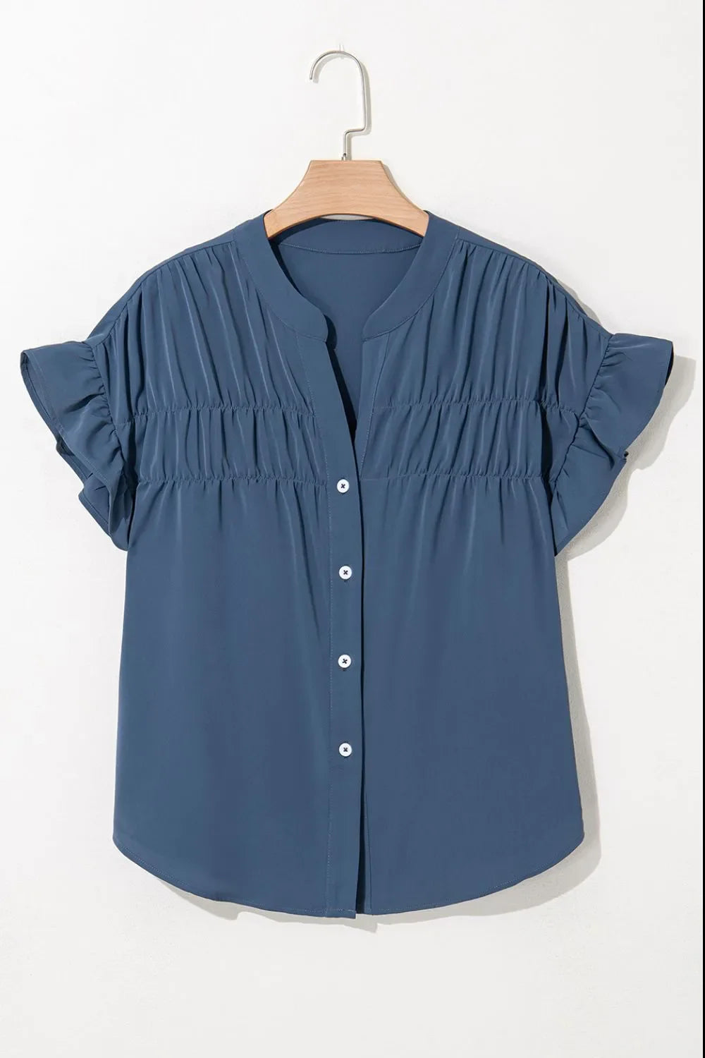 Ruffled Ruched Short Sleeve Button Down Shirt