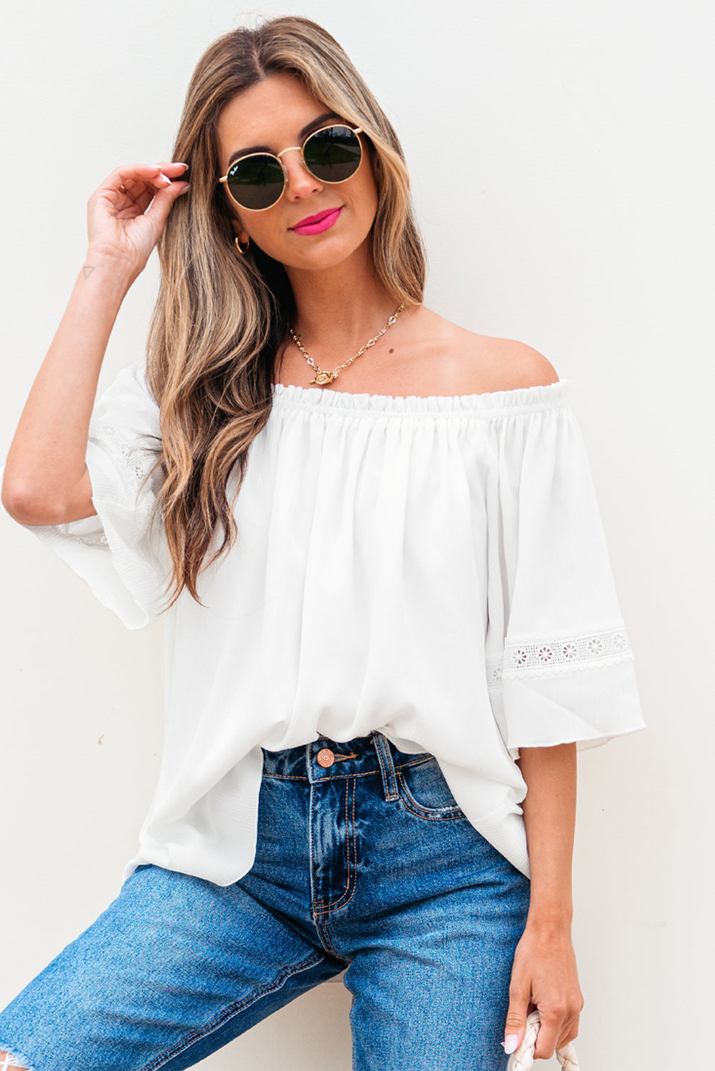Bellamy Frilly Off Shoulder Lace Insert Sleeve Textured Blouse
