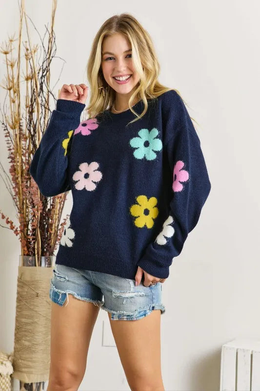 ADORA Full Size Flower Popped Sweater Plus Size (LAST ONE)