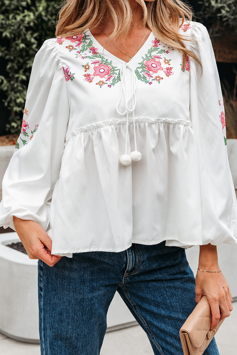 Skylar Flower Lace-up Babydoll Blouse