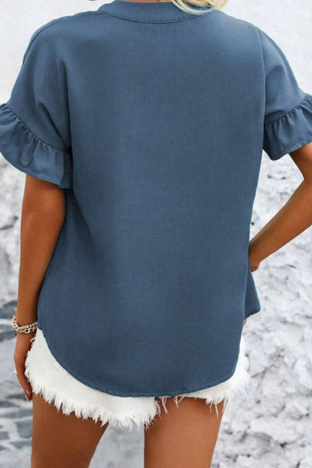 Ruffled Ruched Short Sleeve Button Down Shirt
