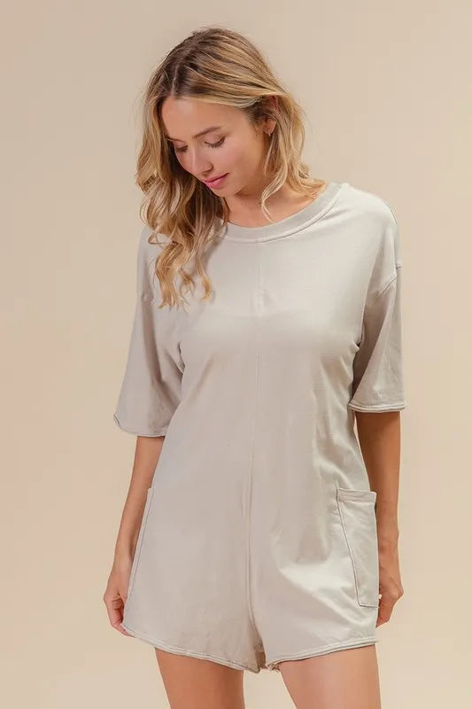 BiBi Short Sleeve Back Open Washed Romper