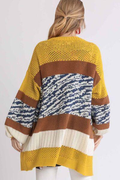 Umgee Full Size Color Block Open Front Longline Cardigan