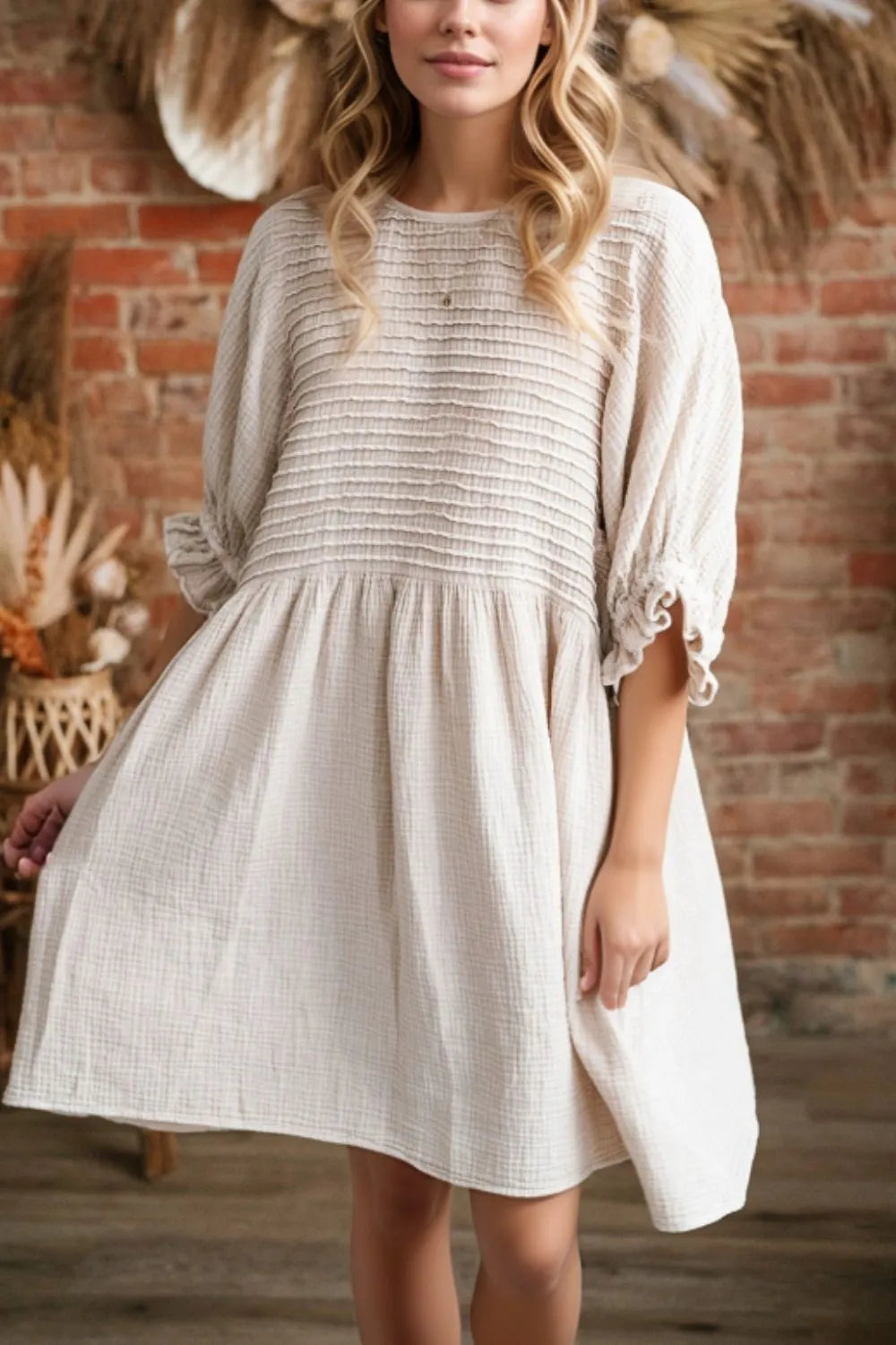 Textured Ruffled Puff Sleeve Loose Dress
