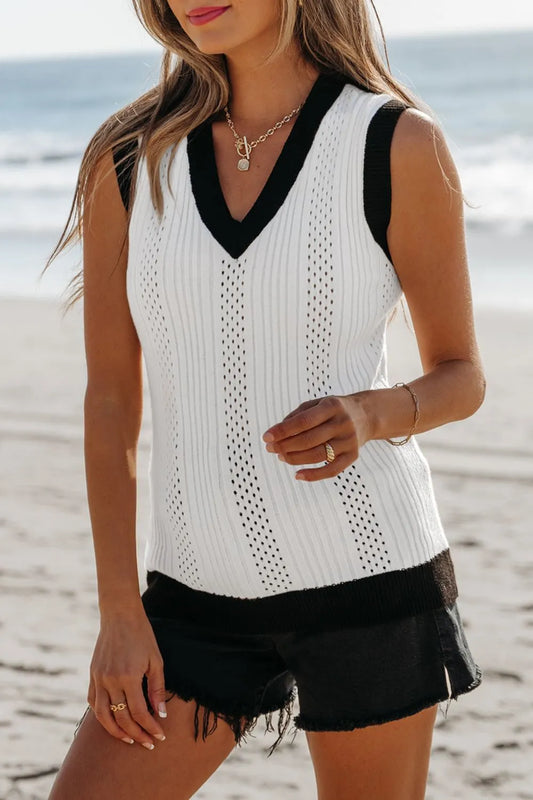 Contrast Trim Eyelet Knit V Neck Sweater Vest