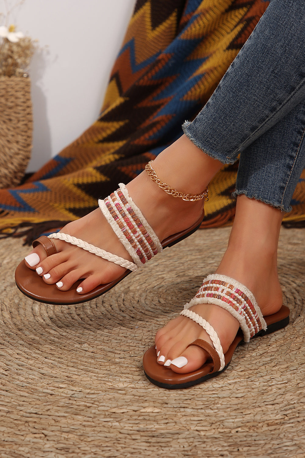 Beaded Embroidered Braided Strap Thong Slippers