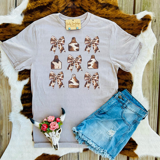 Cow Print Bow and Cow Tag Western Graphic Tee