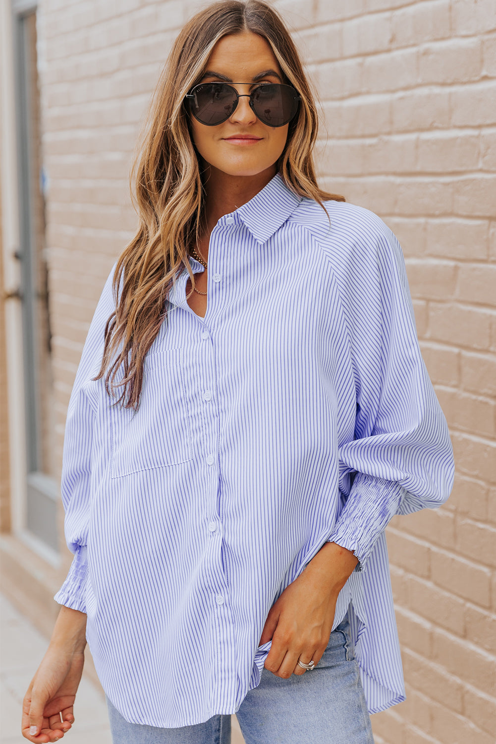 Skye Smocked Cuffed Striped Boyfriend Shirt with Pocket