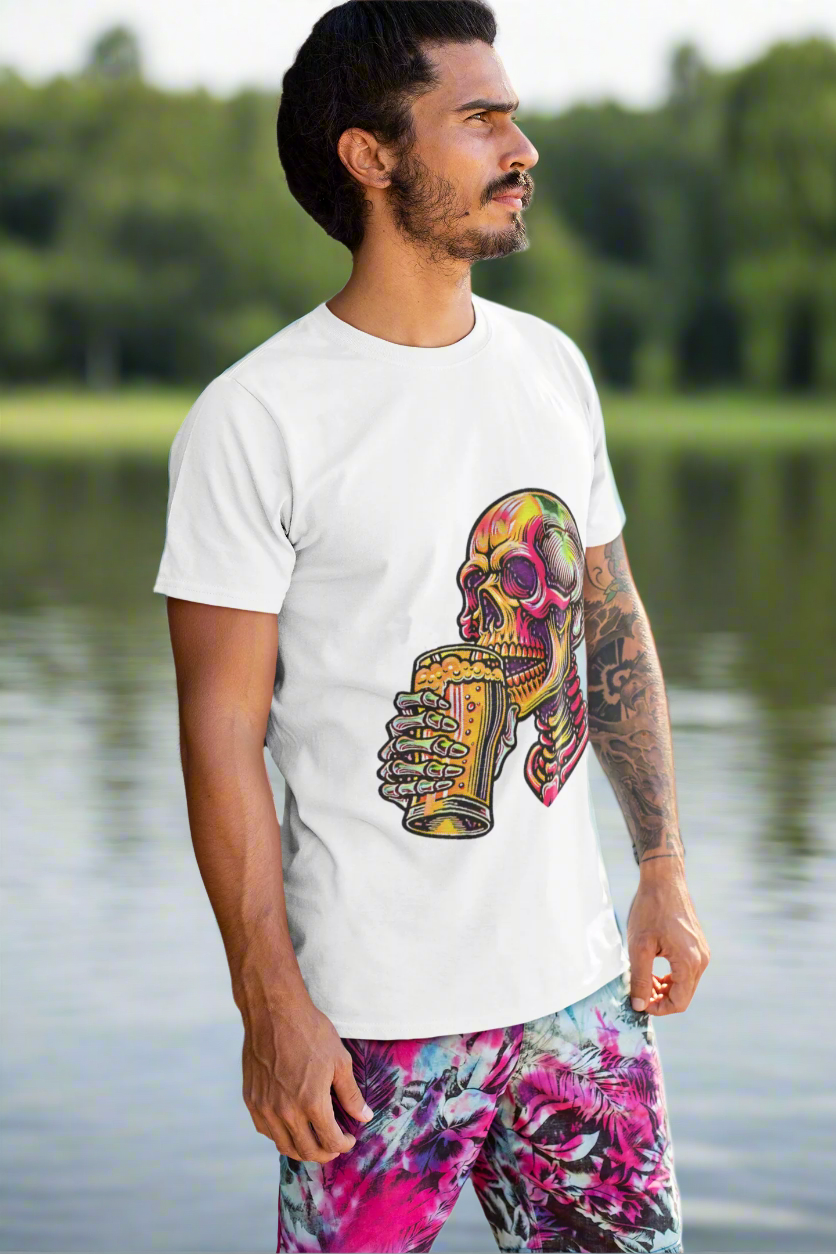 Beer Drinking Neon Skull Graphic Tee