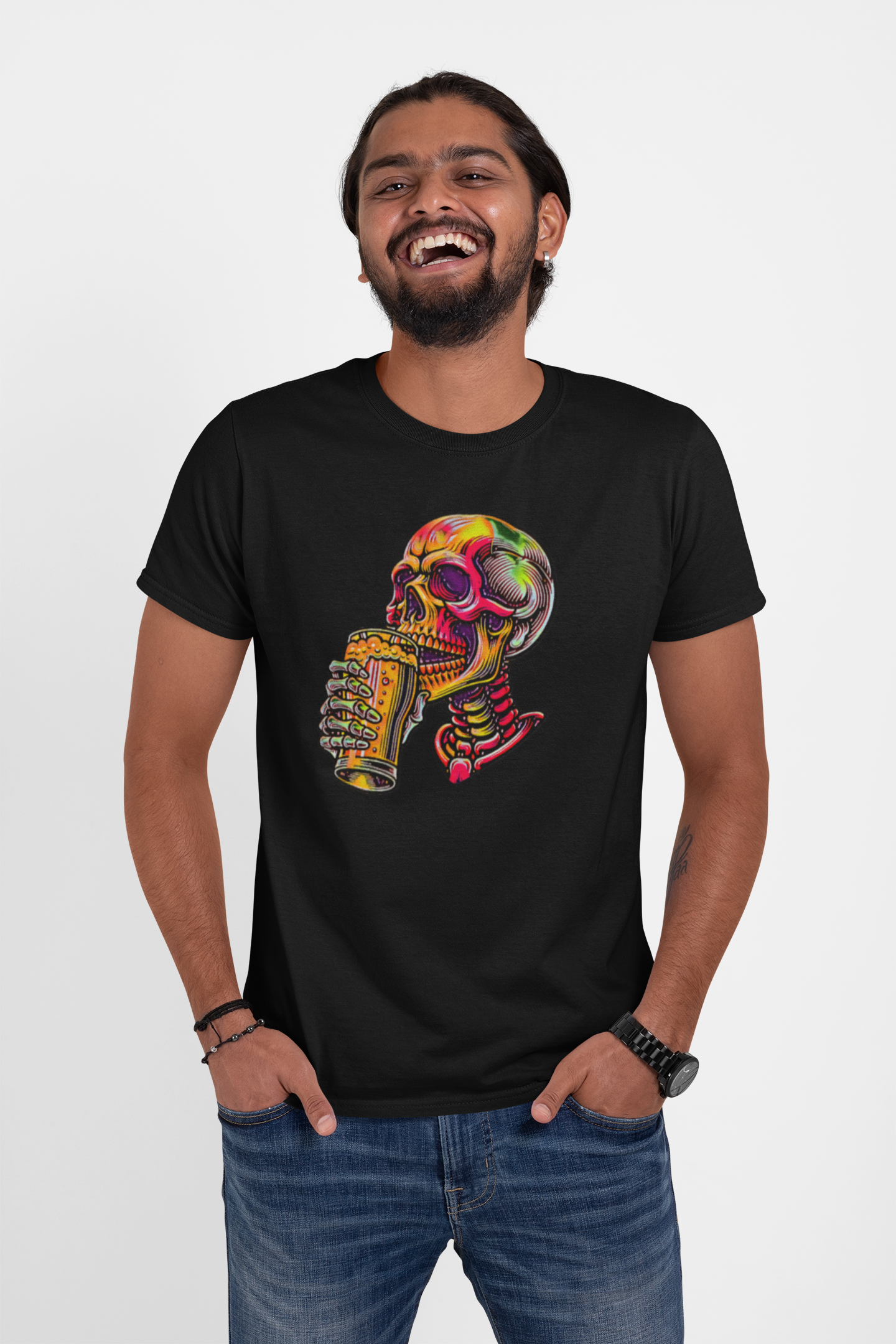 Beer Drinking Neon Skull Graphic Tee