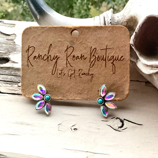 Western Iridescent Turquoise Floral Stud Earrings