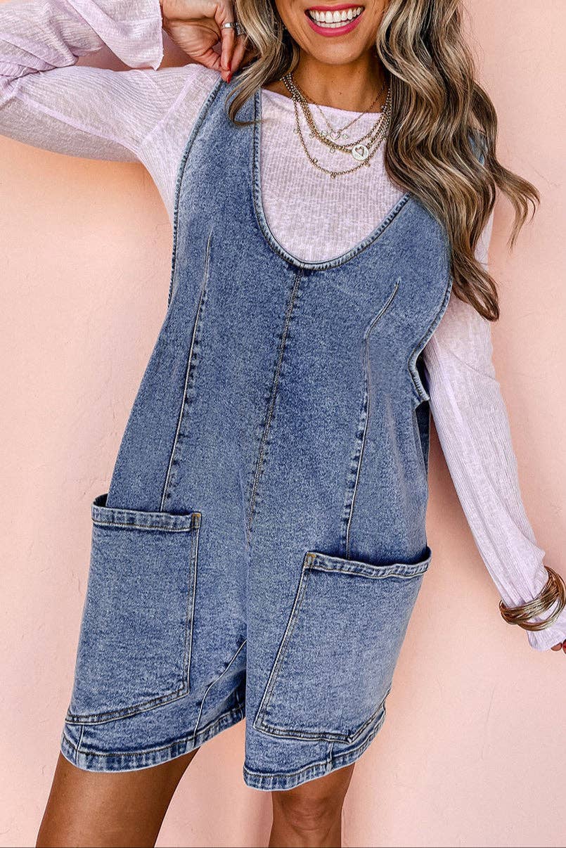 Denim Sleeveless Patched Pocket Romper